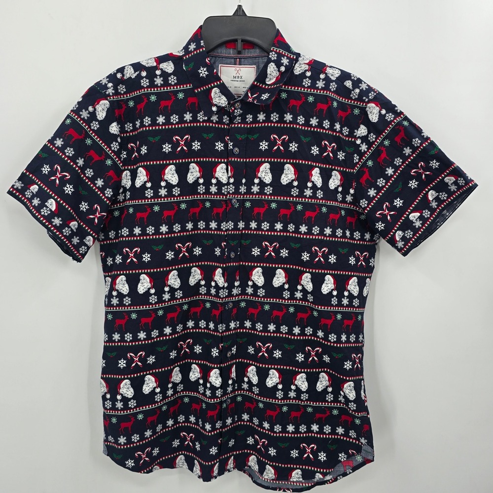 MBX  Christmas Button Down Shirt Mens M Navy Santa Reindeer Candy Cane Cotton